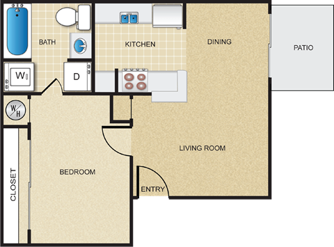 Floor plan for 1 bed, 1 bath, 479 sqft